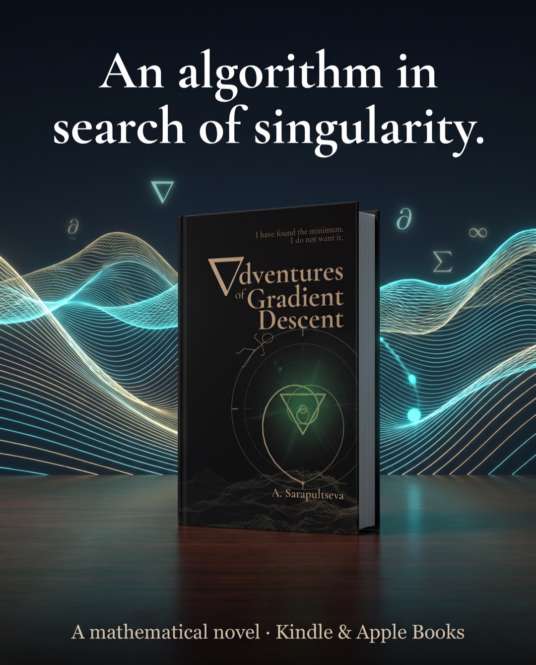 The book in front of glowing teal wave lines. Headline: An algorithm in search of singularity.