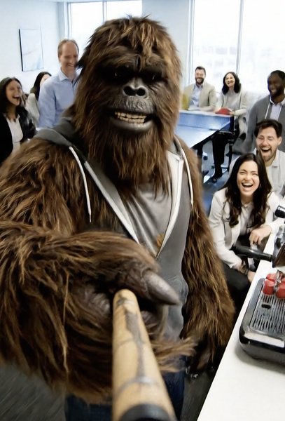 Bigfoot in an office, mid-selfie