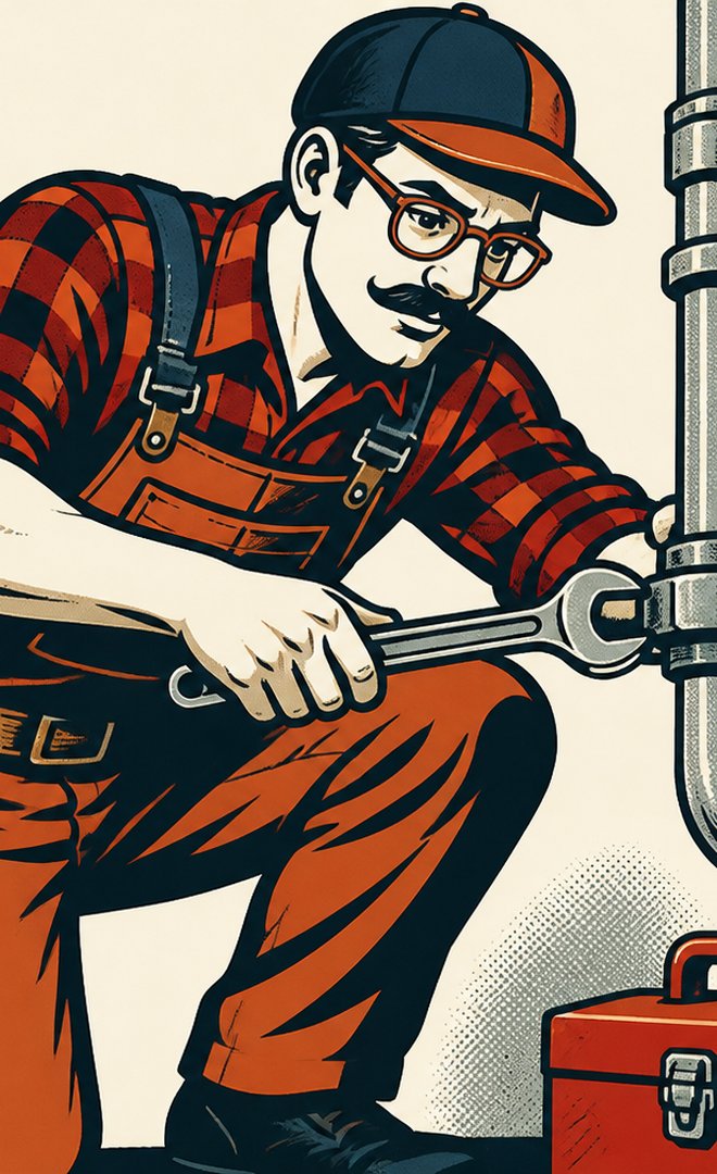 The Brinkman, kneeling at a pipe with a wrench
